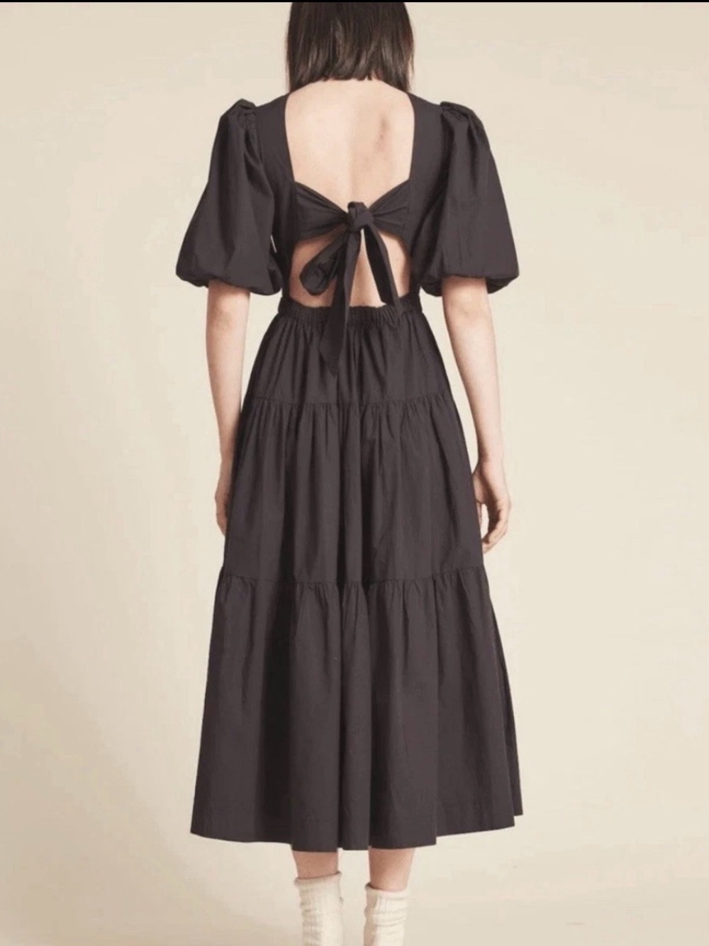 Trovata Birds of Paradise Daphne Black Open-Back Tie Midi Dress 100% Cottton XS